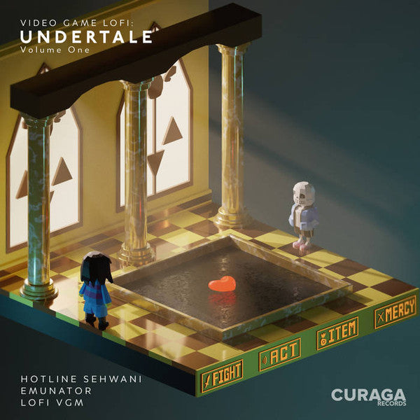 Isometric art of Undertale’s Judgment Hall with a small robotic figure.