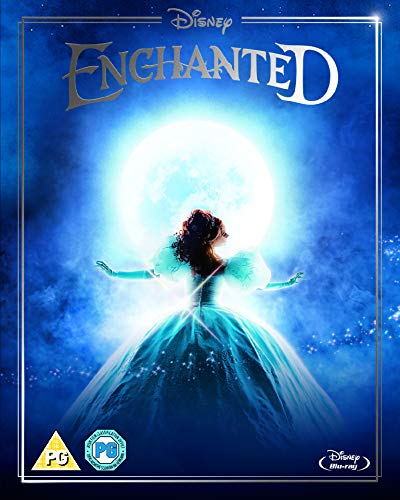Enchanted" Blu-ray cover featuring a woman in a green gown reaching towards the moon.