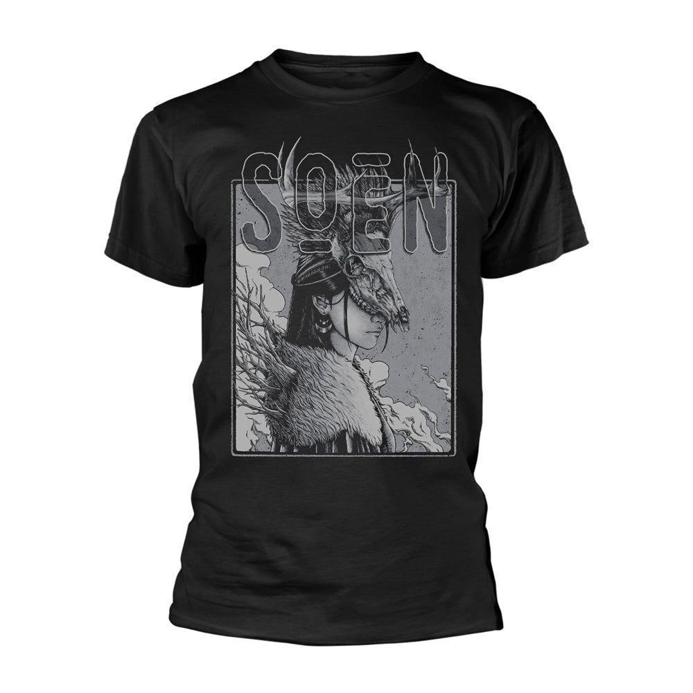 Black t-shirt with a distressed graphic of a woman and wolf.