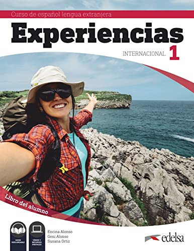 Spanish textbook cover with a woman hiker and coastal landscape.