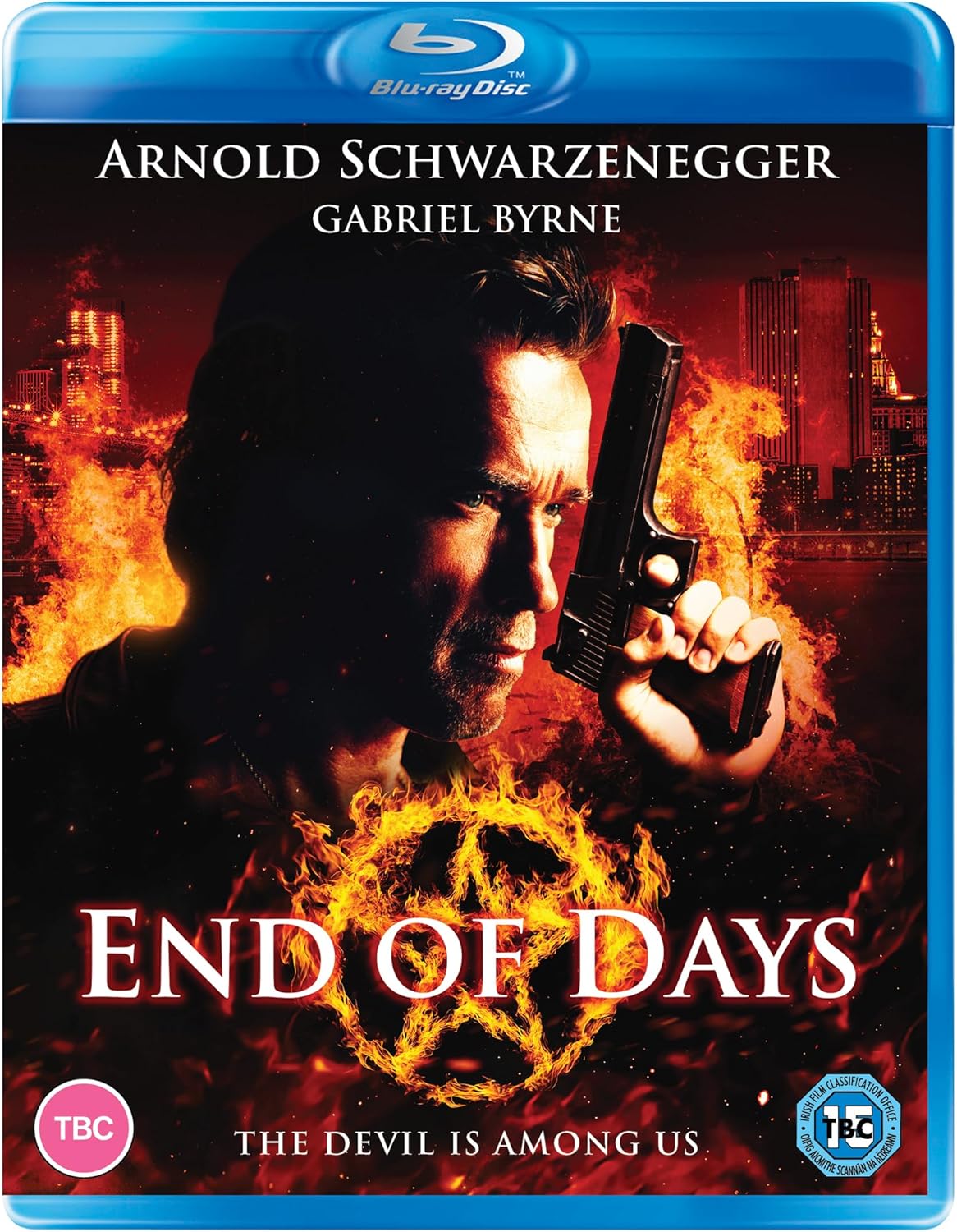 Arnold Schwarzenegger holds a handgun against a fiery backdrop on the End of Days cover.