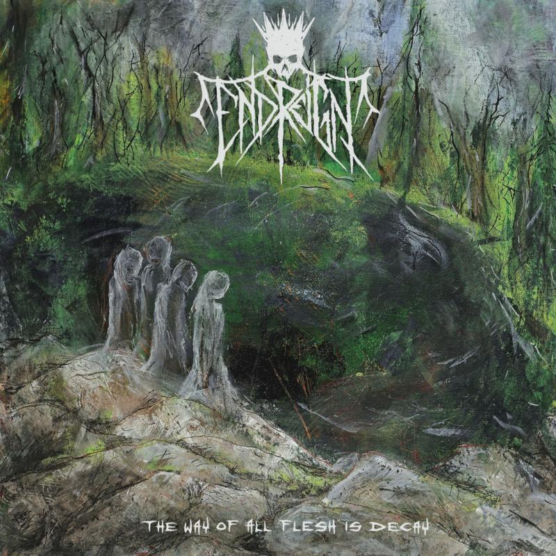 Dark forest painting with figures and a skull-crowned band name.