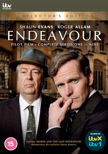DVD cover for Endeavour series 1-9 featuring Shaun Evans and Roger Allam in suits.