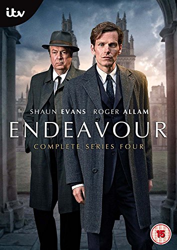 DVD cover for "Endeavour Series 4" featuring two men in suits against a cathedral backdrop.