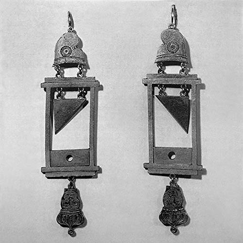 Black and white image of two identical guillotine-shaped earrings against a plain background.