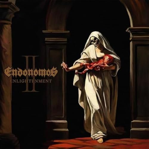 A skeleton in a white robe holds a red infant within a dark archway.