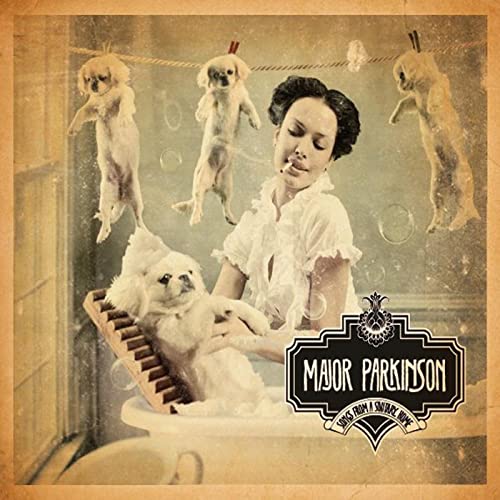 Vintage-style album cover with a woman, dogs, and a bathtub scene.