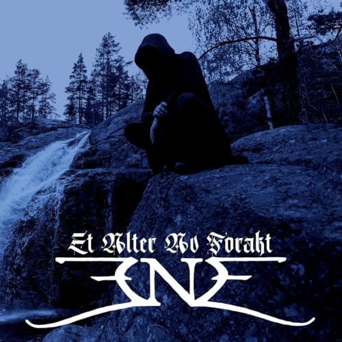 Hooded figure sits on rocks near a waterfall and forest, album cover.