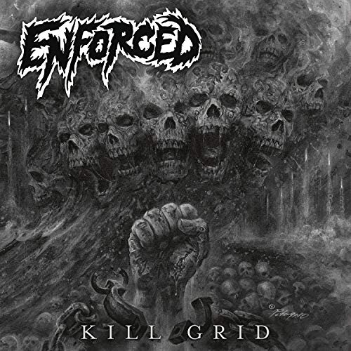 Dark album cover with skulls, a raised fist, and band name "Enforced".