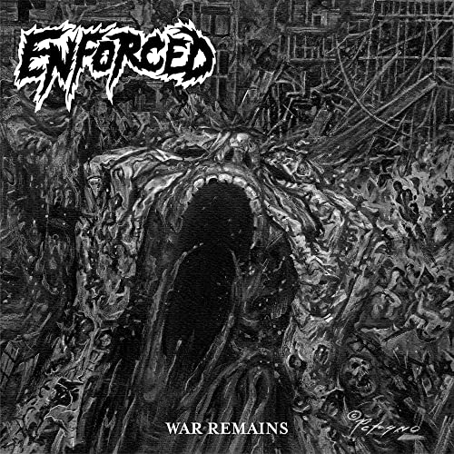 Dark, detailed album cover for Enforced's "War Remains" with a monstrous figure.