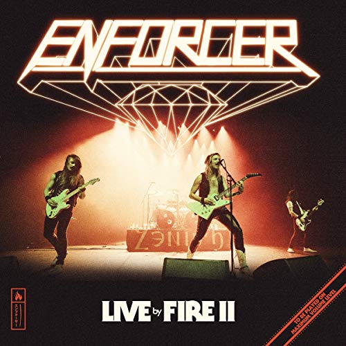 "Album cover featuring band 'Enforcer' performing on stage with spotlights and text."