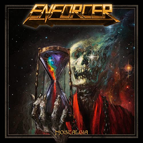 Album cover for Enforcer's "Nostalgia" featuring a skeletal figure and hourglass.