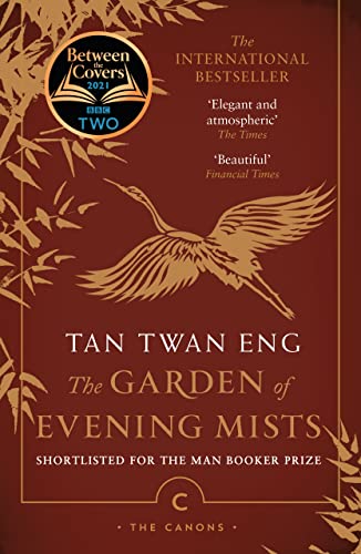 Book cover of The Garden of Evening Mists featuring a crane and bamboo illustrations.