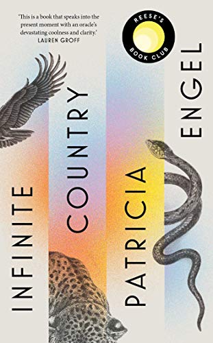 Book cover: “Infinite Country” with bird, snake, leopard, and abstract design.