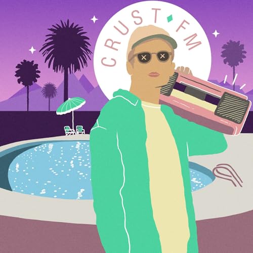 Illustration of a person with a boombox by a pool and palm trees.