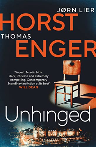 Book cover: dark background, red chair, and title “Unhinged” in white text.