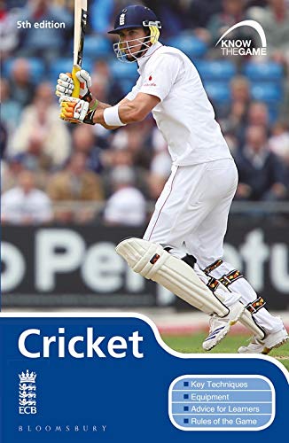 Cricket book cover featuring a batter in full white uniform mid-swing.