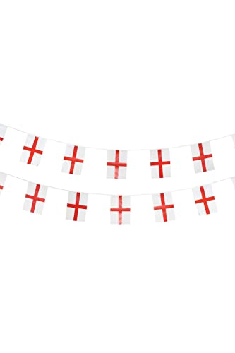 Plastic bunting with repeating white flags displaying red St. George's crosses.