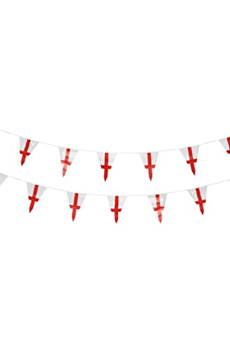 Plastic bunting with white triangles displaying red St. George's crosses.