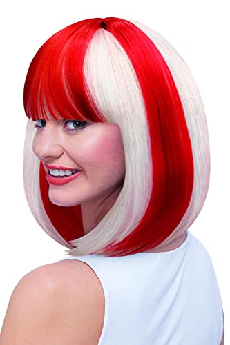 Woman modeling a bob wig with red and white sections.