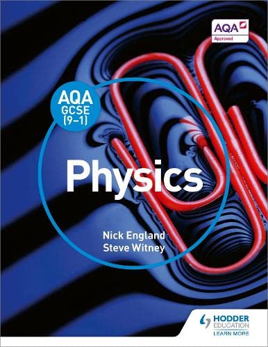 Textbook cover for AQA GCSE Physics with red paperclips and blue waves.