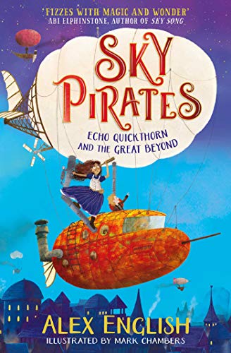 Book cover: girl on a fantastical submarine airship, blue sky.