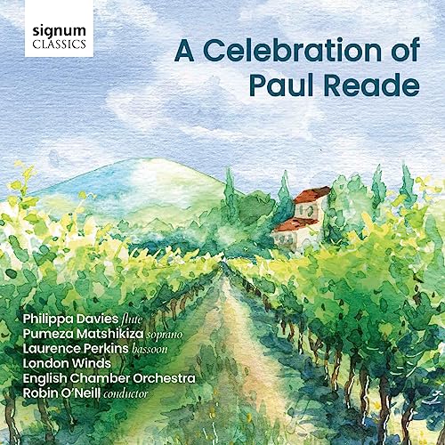 CD cover: watercolor landscape with text celebrating composer Paul Reade.