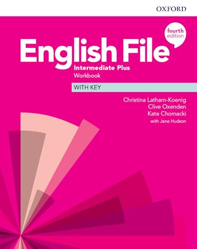 Pink "English File: Intermediate Plus" workbook cover with white text.