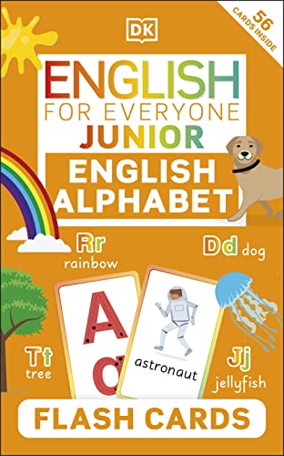 Colorful English alphabet flash cards for children with illustrations.