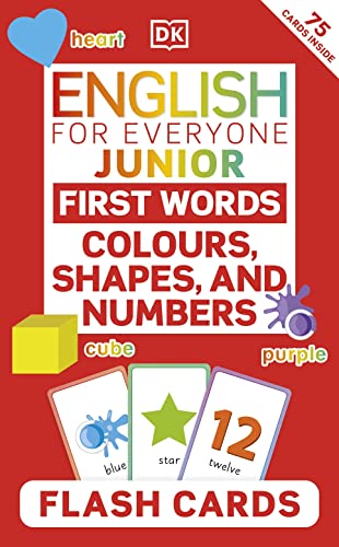 Red flash card pack for learning first words, colours, shapes, and numbers.
