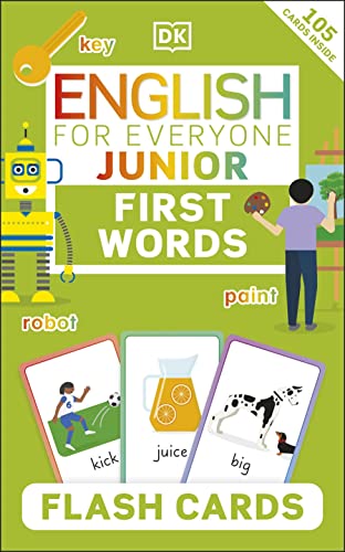 English for Everyone Junior First Words" flashcards with robot and child illustrations.