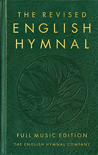 Green book cover titled The Revised English Hymnal with a central circular floral emblem.