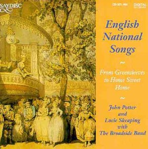 "CD cover with yellow background, illustration of people, and 'English National Songs' title."