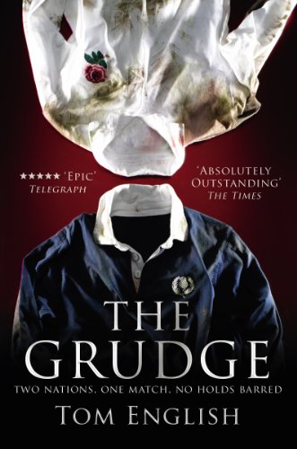 Book cover featuring damaged rugby shirts, red background, and title “The Grudge”.