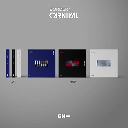 Enhypen “Border : Carnival” CD album with blue, black, and white covers.