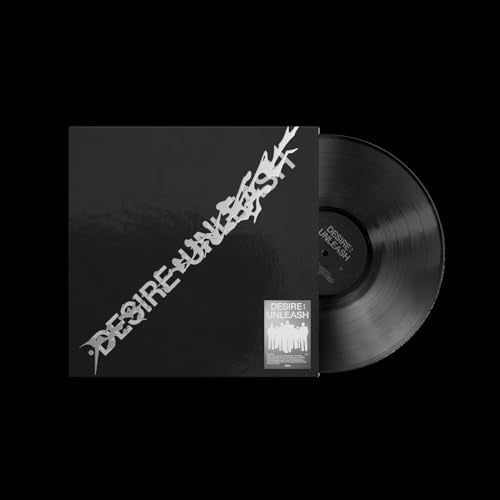 Black vinyl record and square album cover with white metallic text on black background.