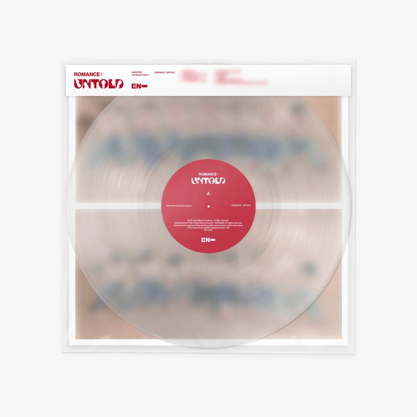 ENHYPEN "ROMANCE : UNTOLD" vinyl record in clear plastic sleeve.