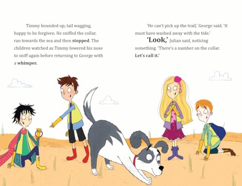 Illustration from "Famous Five Adventure 12" showing children and a dog on a beach.