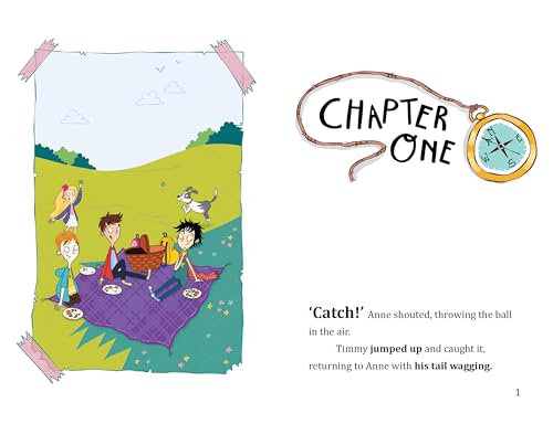 Children on a picnic with a dog, illustrated page from a book.