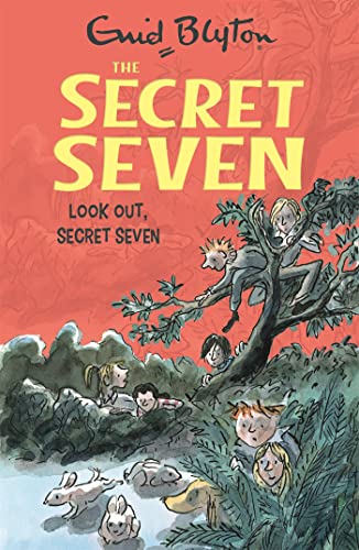 Book cover: children hiding in bushes with a tree and rabbits.