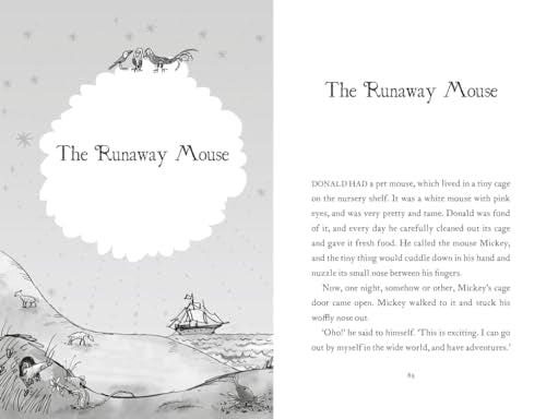 Open book pages with illustrated story of a runaway mouse.