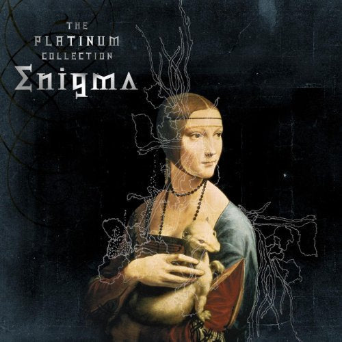 Enigma album cover featuring a woman holding a lamb, with abstract lines.