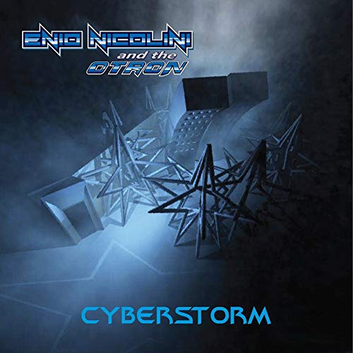"Album cover for 'Cyberstorm' by Ennio Nicolini, featuring futuristic geometric shapes and a keyboard."