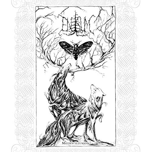 Black and white illustration of a moth, wolf, and bare branches.