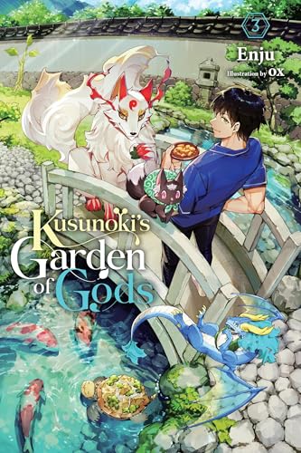 Boy and fox spirit stand on a bridge over a koi pond.