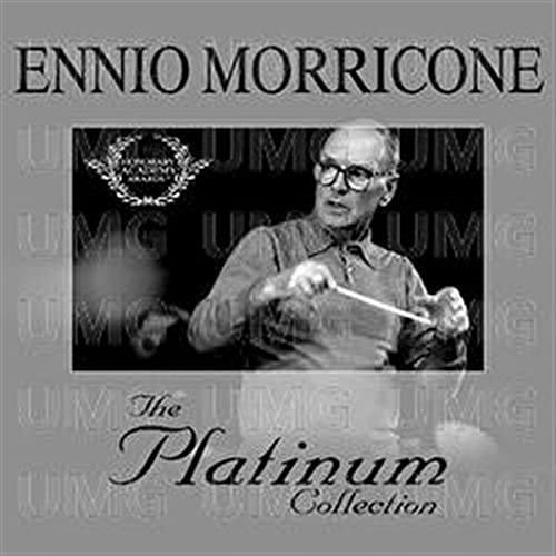 Ennio Morricone conducting on a grey CD cover titled The Platinum Collection.