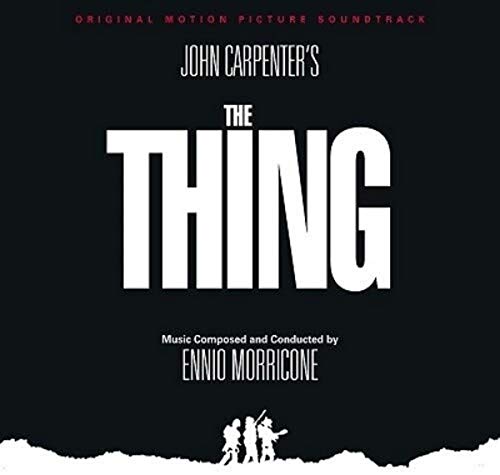 CD cover for "The Thing" soundtrack by Ennio Morricone, black background.