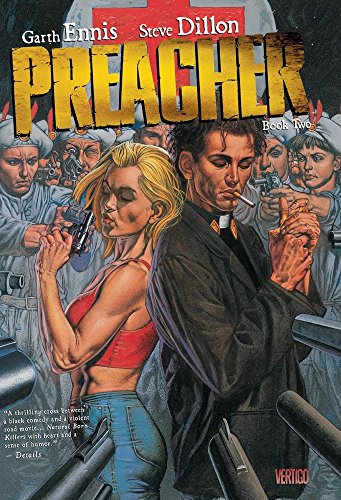 A woman and a preacher stand back-to-back surrounded by people holding handguns.