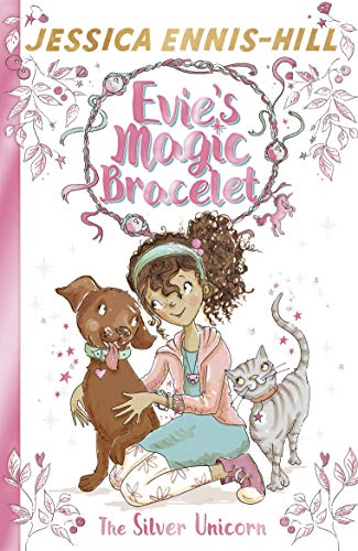 Girl with dog and cat, book cover for "Evie's Magic Bracelet.