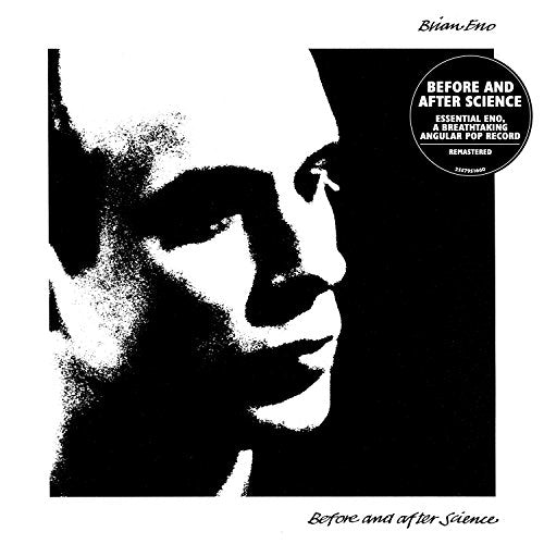 High-contrast black and white portrait of Brian Eno on a vinyl album cover.